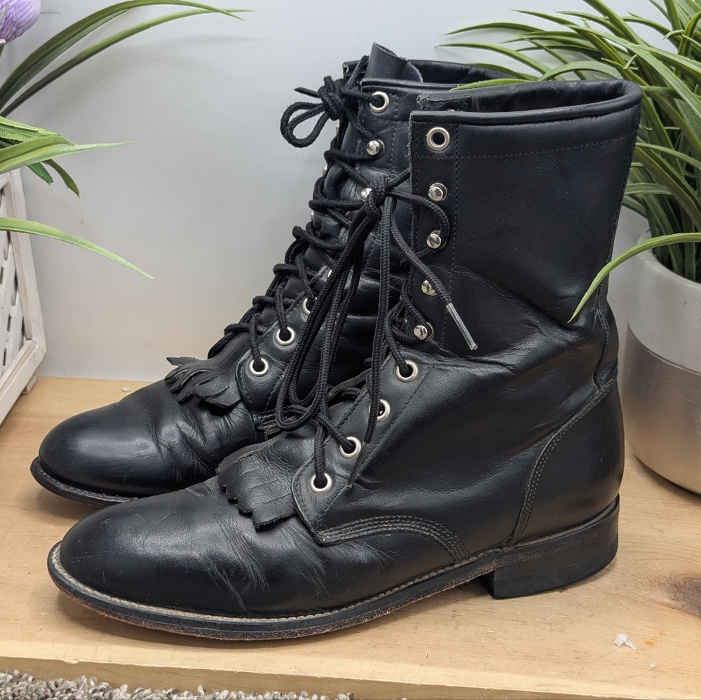 Justin Boots Lace Up Women's Size 6C Black Leather Kiltie Boots